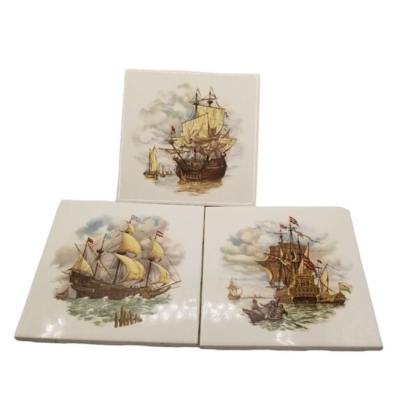 Nautical Sailing Clipper Ships Trivet Printed Ceramic Wall Tile 6"x6" Set of 3 - Picture 2 of 10
